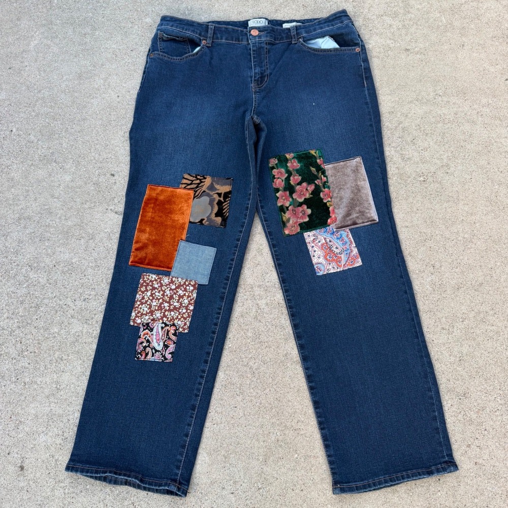 LOGO Lori Goldstein Mid Rise Straight Leg Patchwork Jeans Blue Denim Womens 16